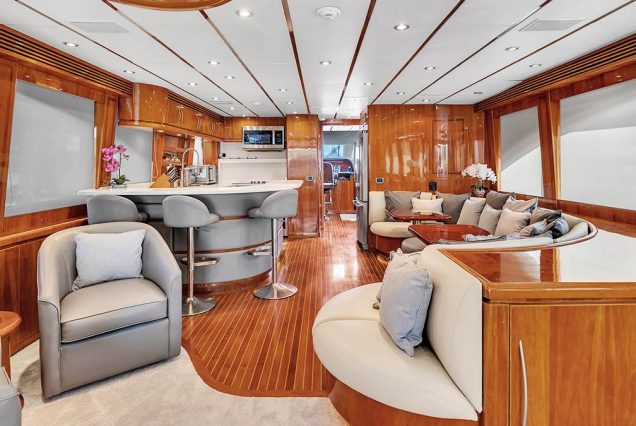 100ft Hargrave Yacht Miami sophisticated indoor salon with plush seating and elegant décor