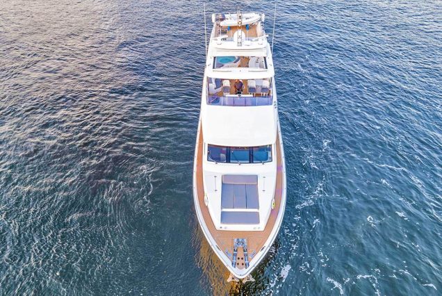 100ft Hargrave Yacht Miami bow lounge area with stunning waterfront and skyline views