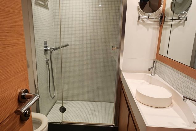 Luxury 64ft Pershing Wind Miami luxury washroom with premium fittings and modern styling