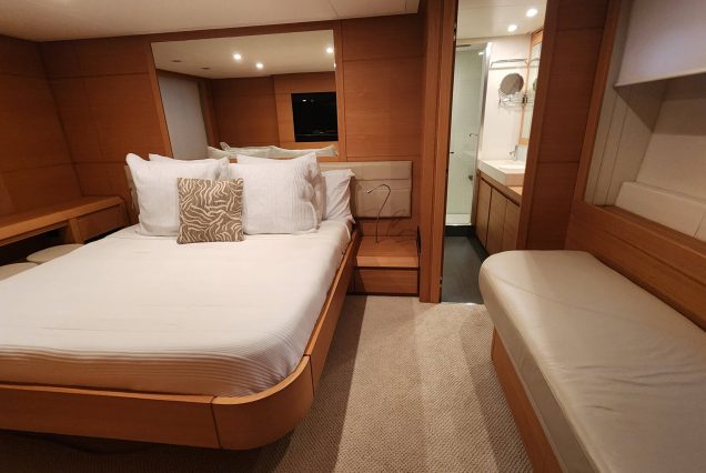 Luxury 64ft Pershing Wind Miami master suite with private bathroom and elegant finishes