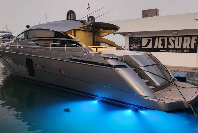 Luxury 64ft Pershing Wind Miami oversized swim platform with seamless water access