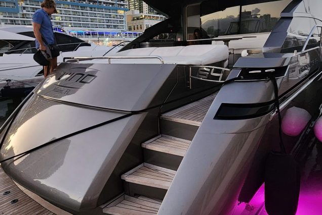 Luxury 64ft Pershing Wind Miami oversized swim platform with seamless water access