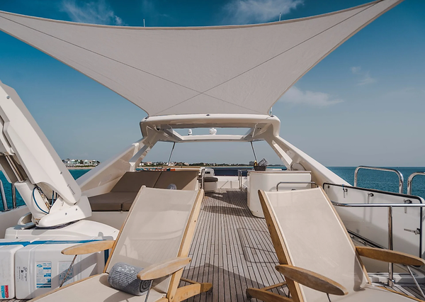 Top Shelf 87ft Ferretti Miami panoramic flybridge offering breathtaking ocean and skyline views