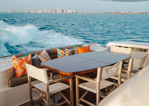 Top Shelf 87ft Ferretti Miami grand boarding access to all entertainment areas and comfortable seating area