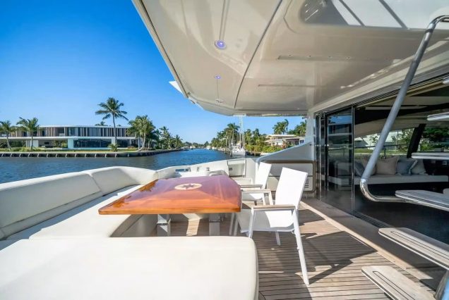 72ft Azimut Blackjack Miami smooth boarding access to all entertainment areas with comfortable seating area and table