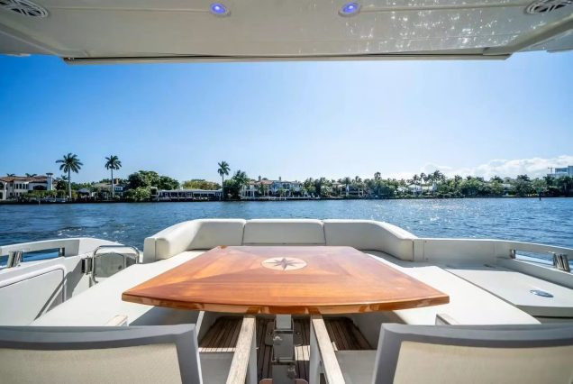 72ft Azimut Blackjack Miami smooth boarding access to all entertainment areas with comfortable seating area and table