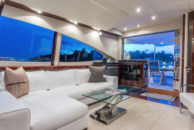 75ft Lazzara LSX Miami sophisticated indoor salon with plush seating and elegant décor