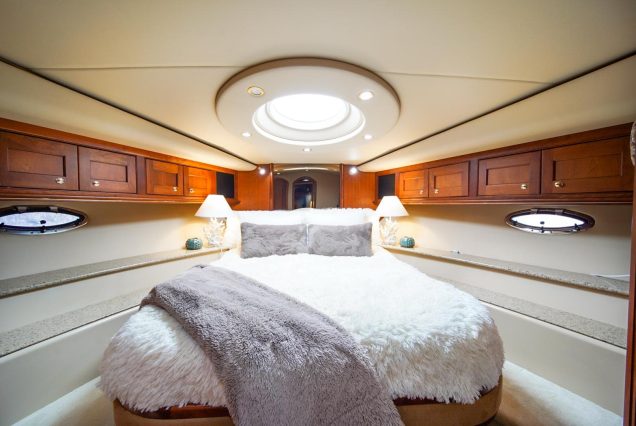 Good To Be Me 60ft Cruiser Miami guest cabin with elegant interiors and comfortable sleeping space