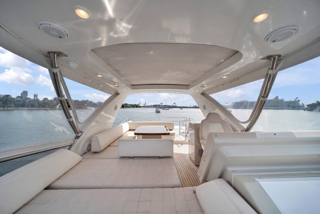Luxury 64ft Deon Miami expansive flybridge lounge perfect for entertaining and social cruising