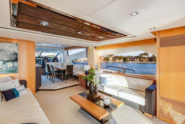 80ft Sunseeker Miami sophisticated indoor salon with plush seating and elegant décor