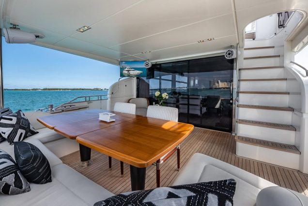 Freedom 88ft Princess Miami smooth boarding access to all entertainment areas with comfortable seating area
