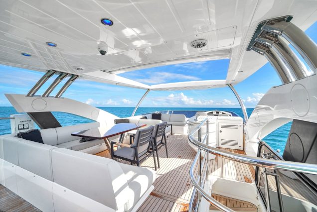 75ft Sunseeker M4 Predator Miami open deck seating area perfect for cocktails and social gatherings