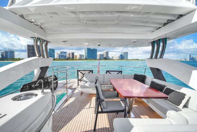 75ft Sunseeker M4 Predator Miami open deck seating area perfect for cocktails and social gatherings