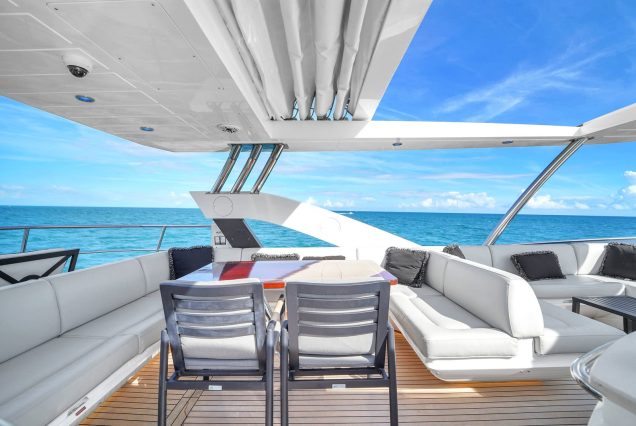 75ft Sunseeker M4 Predator Miami open deck seating area perfect for cocktails and social gatherings