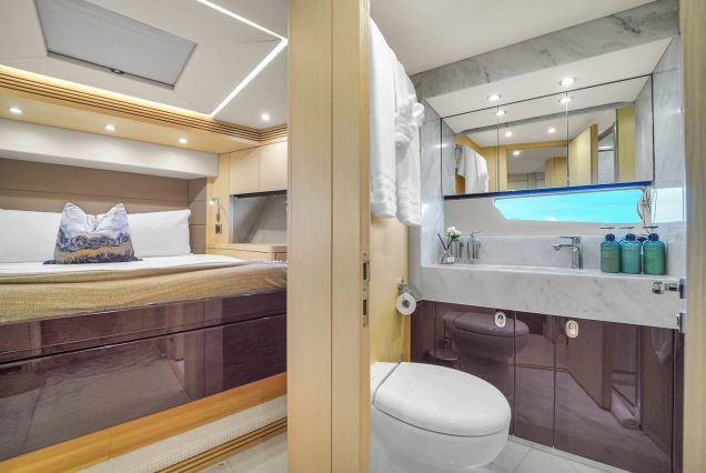 75ft Sunseeker M4 Predator Miami master suite with private bathroom and elegant finishes