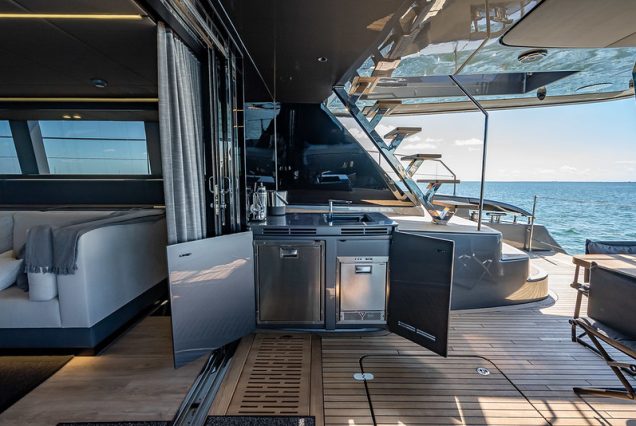 Sunreef 70ft ARCHIPIELAGO Miami grand boarding access leading to spacious entertainment areas and the bbq machine
