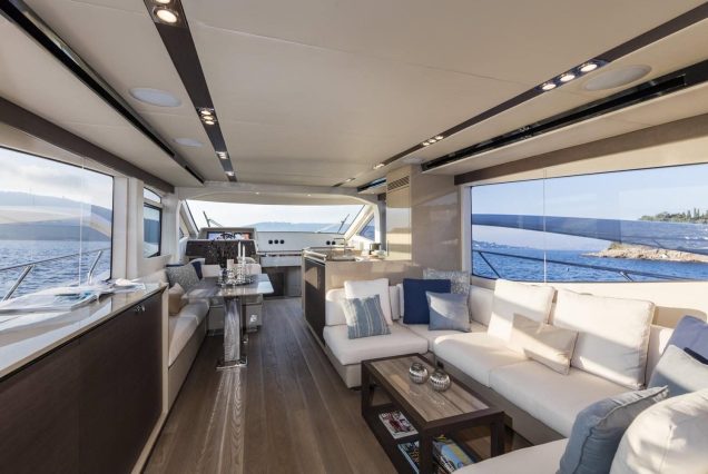 Modern 65ft Numarine Sebastian Miami stylish indoor salon with contemporary seating