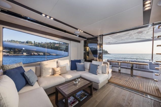 Modern 65ft Numarine Sebastian Miami stylish indoor salon with contemporary seating