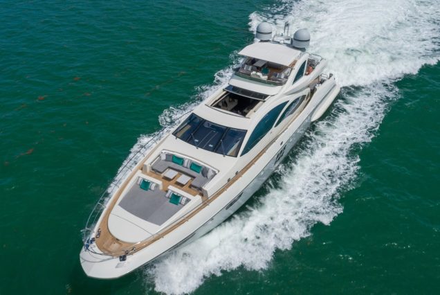 Scarlet 103ft Azimut Flybridge Miami bow lounge area with stunning waterfront and skyline views