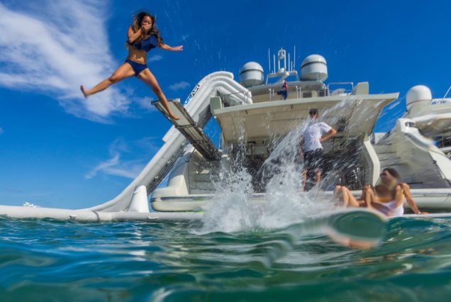 Scarlet 103ft Azimut Flybridge Miami oversized swim platform with seamless water access