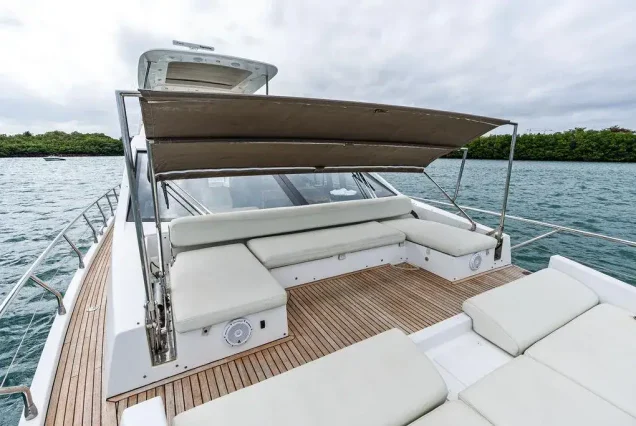 70ft Azimut Le Grand Bleu Miami bow lounge area with stunning waterfront and skyline views
