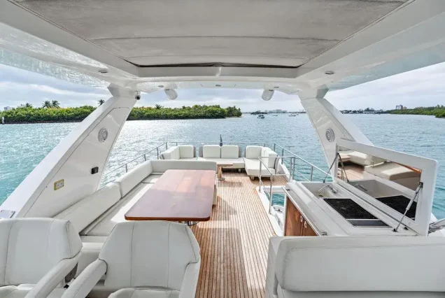 70ft Azimut Le Grand Bleu Miami upper deck seating with table for cocktails and fine dining