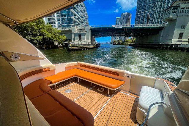 44ft Sea Ray Harmony Miami outdoor lounge space with scenic ocean and skyline views