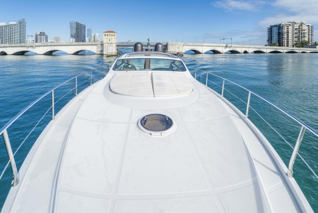 Velocity 50ft Pershing Miami bow lounge area with breathtaking waterfront views