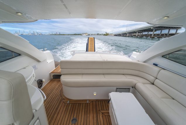 Velocity 50ft Pershing Miami smooth boarding access to all entertainment spaces
