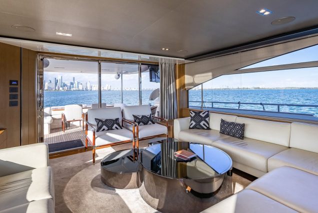 Freedom 88ft Princess Miami sophisticated indoor salon with plush seating and elegant décor