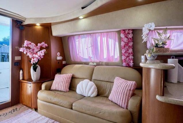ESCAPE PINK 47ft Silverton Miami stylish indoor salon with comfortable seating