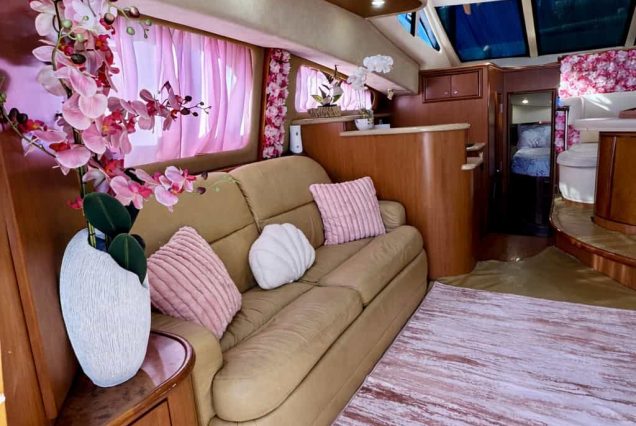 ESCAPE PINK 47ft Silverton Miami stylish indoor salon with comfortable seating