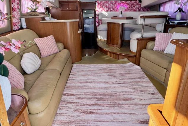 ESCAPE PINK 47ft Silverton Miami modern lounge with table for entertainment
