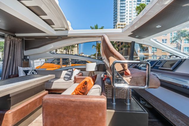 Azimut 62ft LIFE IS GREAT Miami upper deck seating with table for cocktails and casual dining