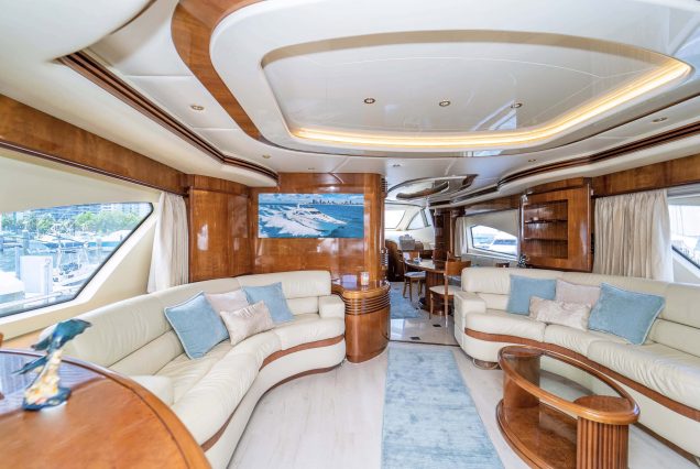 Grace 84ft Azimut Miami sophisticated indoor salon with plush seating and elegant décor