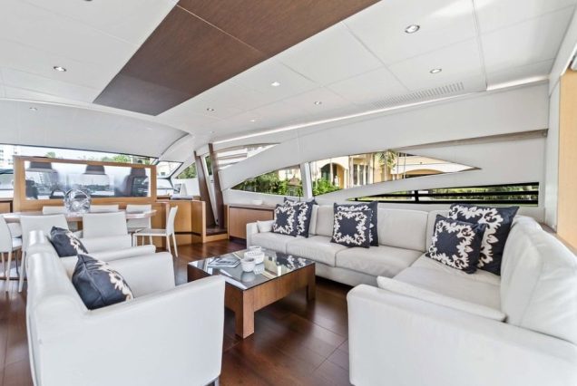 Shadow 94ft Pershing Miami sophisticated indoor salon with plush seating and elegant décor