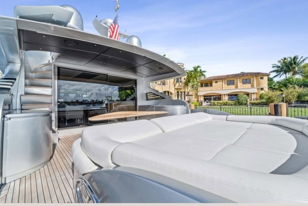 Shadow 94ft Pershing Miami smooth boarding access to all entertainment areas with comfortable seating area
