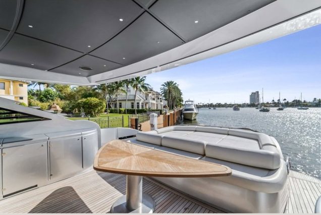 Shadow 94ft Pershing Miami smooth boarding access to all entertainment areas with comfortable seating area