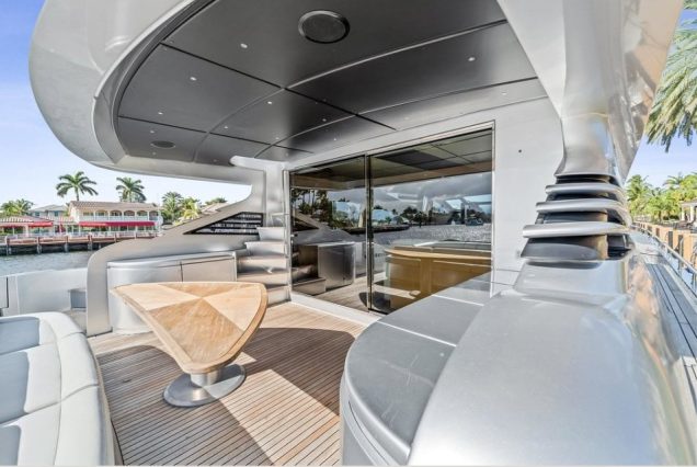 Shadow 94ft Pershing Miami smooth boarding access to all entertainment areas with comfortable seating area