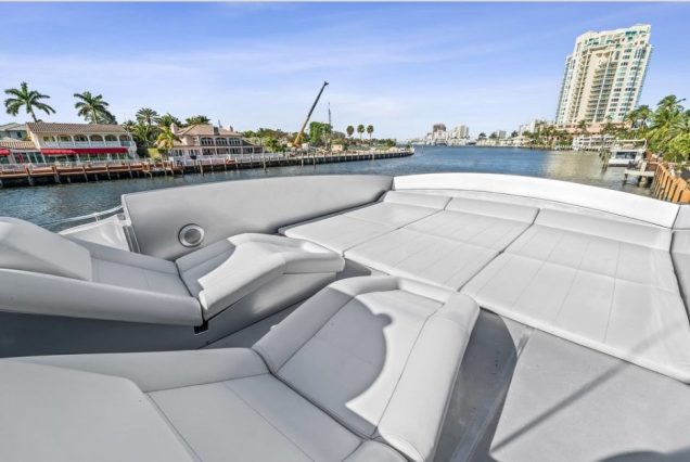 Shadow 94ft Pershing Miami spacious sunbed area perfect for relaxing under the sun