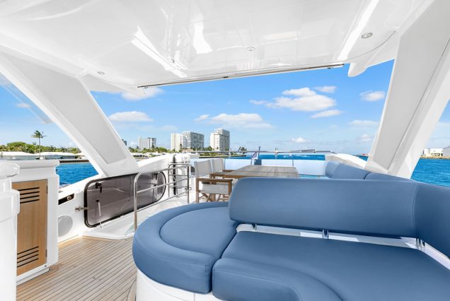 70ft SunSeeker Done Deal Miami open flybridge lounge perfect for entertaining and social cruising