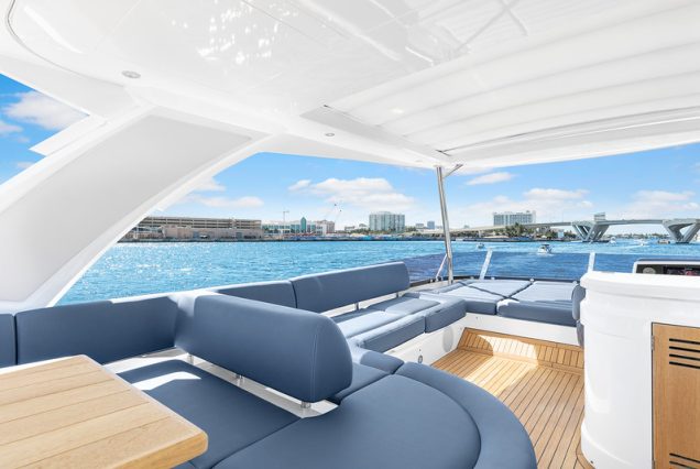 70ft SunSeeker Done Deal Miami open flybridge lounge perfect for entertaining and social cruising