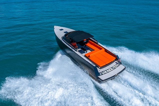 Luxury 40ft Van Dutch Miami iconic designer yacht available for charter with amazing sunbed area.