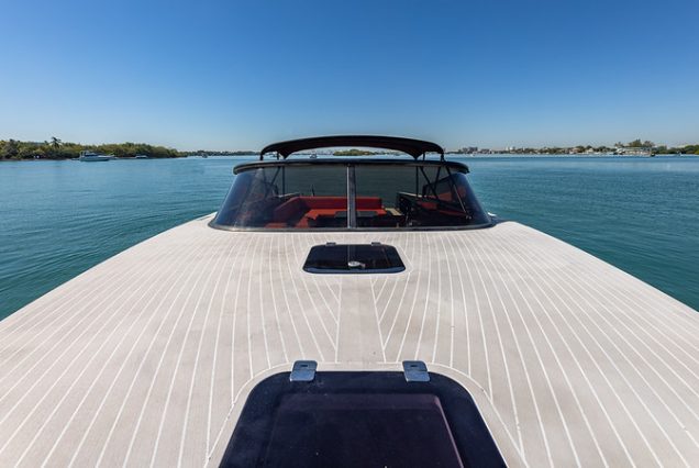 Luxury 40ft Van Dutch Miami forward lounge area with panoramic waterfront views