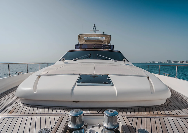 Top Shelf 87ft Ferretti Miami bow lounge area with stunning waterfront and skyline views