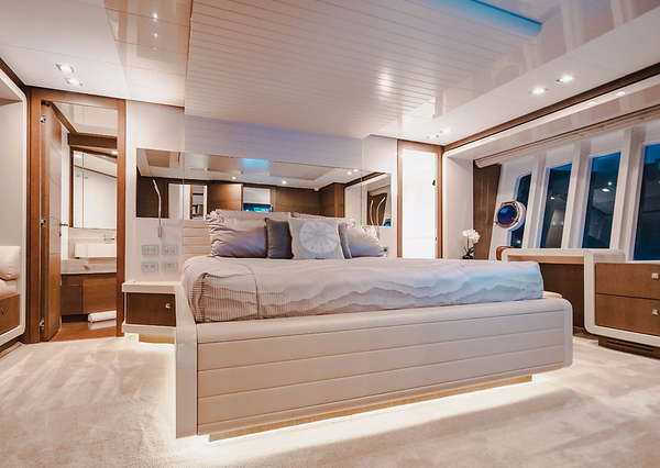 Top Shelf 87ft Ferretti Miami master suite with private bathroom and luxury finishes