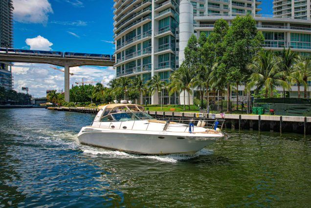 44ft Sea Ray Harmony Miami bow lounge area with beautiful waterfront views
