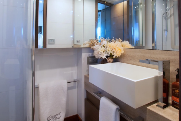 Top Shelf 87ft Ferretti Miami luxury washroom with premium fittings and finishes