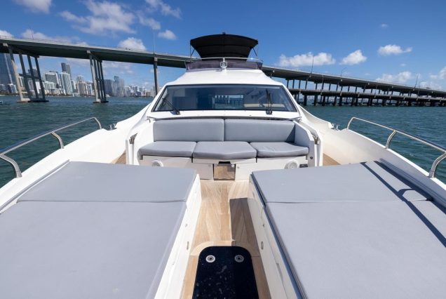 Modern 65ft Numarine Sebastian Miami bow lounge area with scenic waterfront views