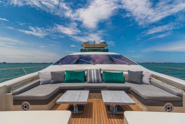 Scarlet 103ft Azimut Flybridge Miami bow lounge area with stunning waterfront and skyline views